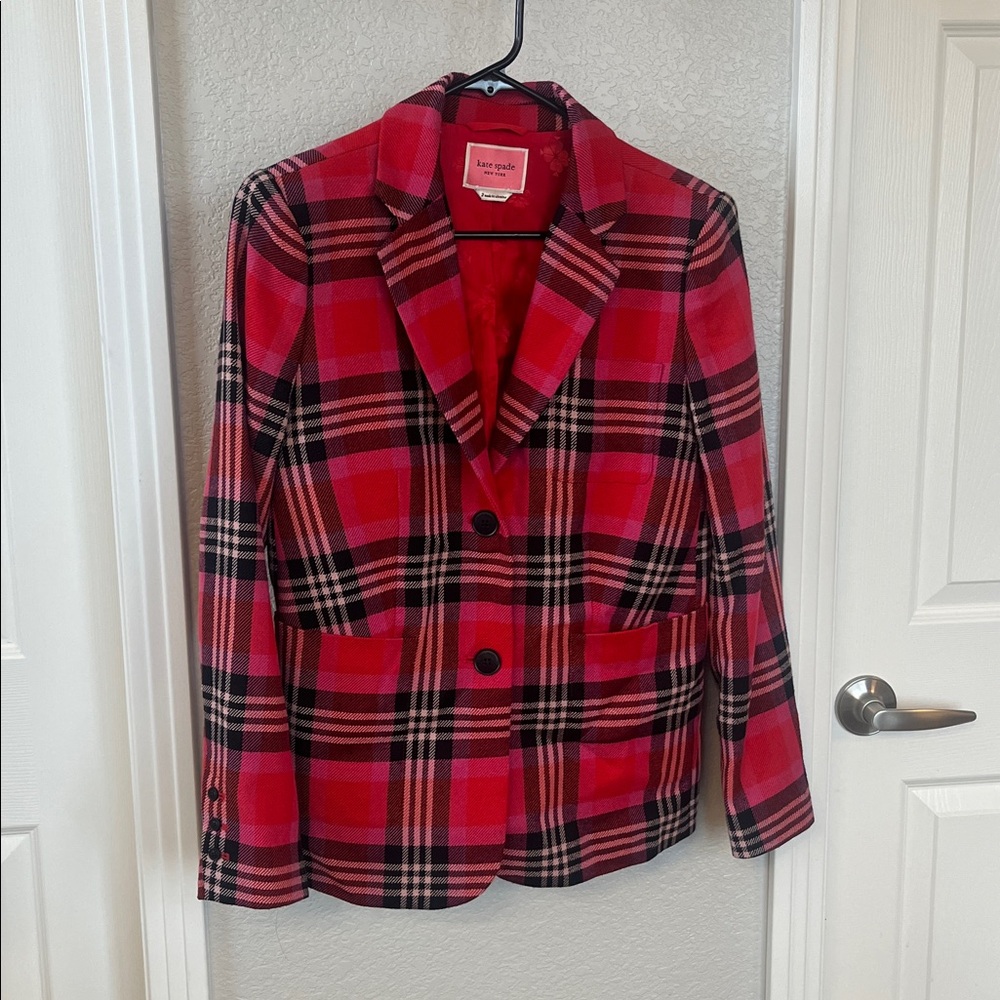 KATE SPADE $428 Wool Blend Pink Red & Black Plaid Blazer Jacket – Size 2